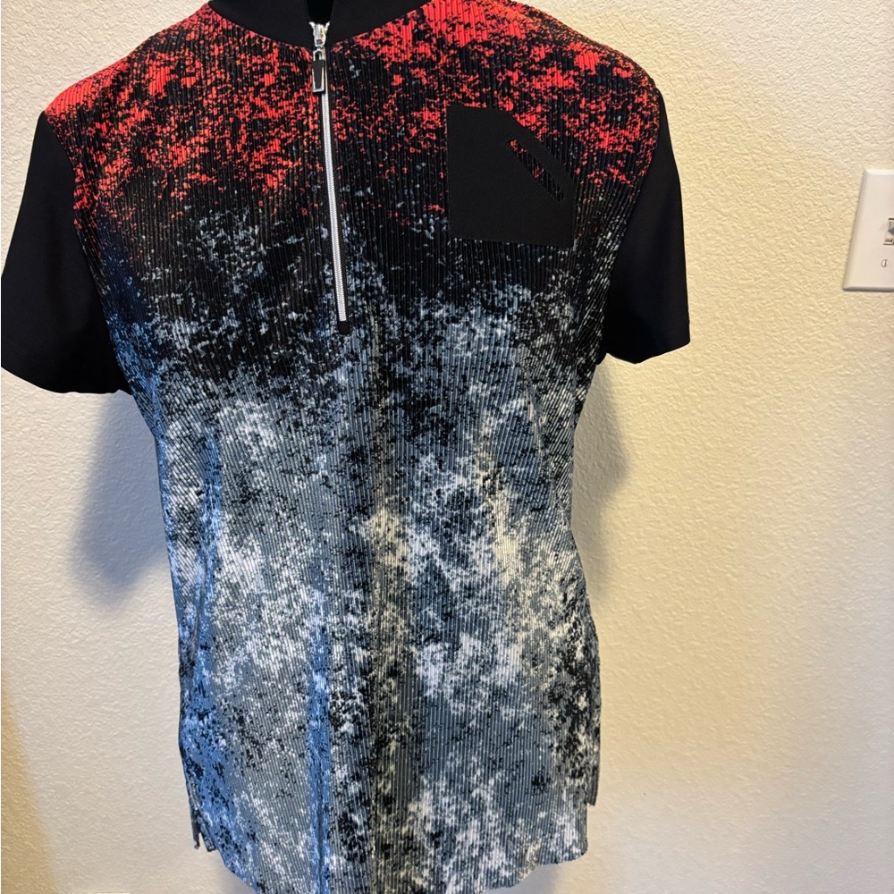 Red and Black Graphic Zip-Up Shirt
